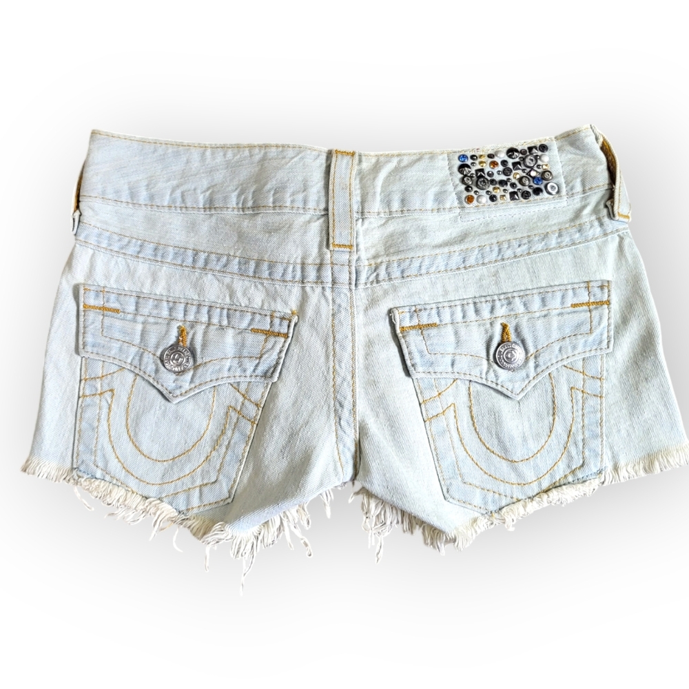 TRUE RELIGION Keira Embellished Studded Acid Washed Cut-off Shorts 25
